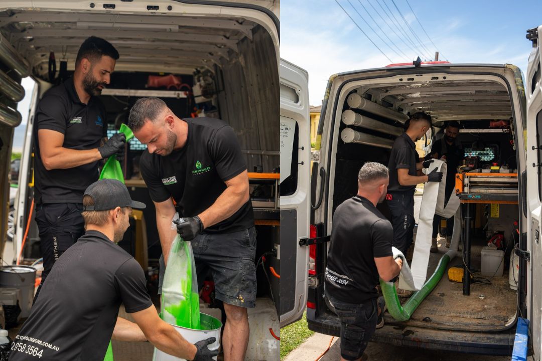 Pipe relining service team preparing a no-dig drain repair