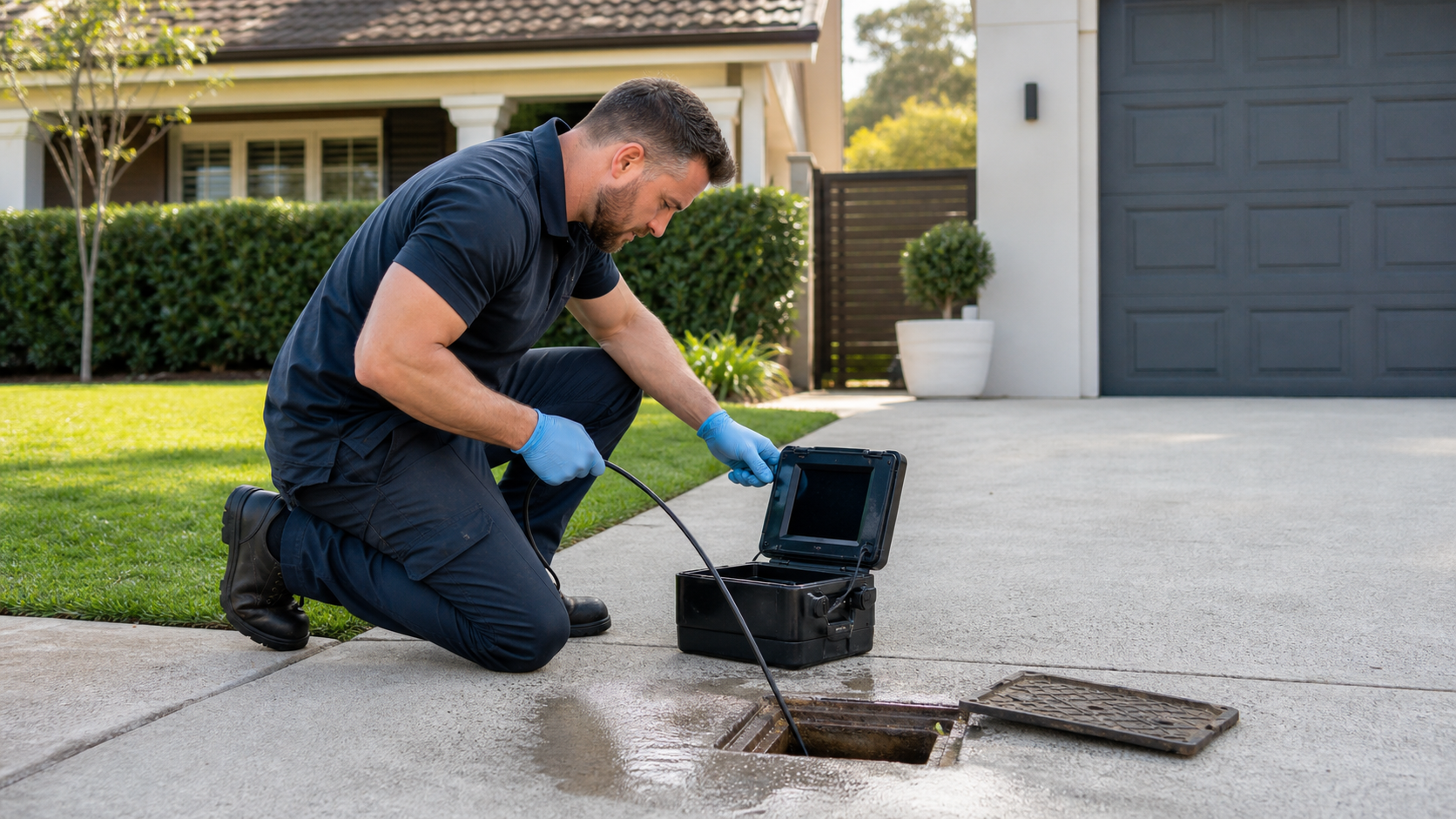 Drain specialist performing a CCTV drain camera inspection at a Sydney residential property