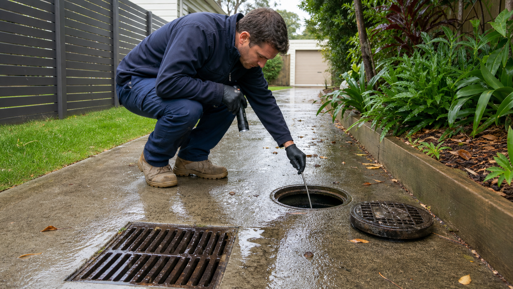 Drain specialist checking outdoor stormwater and sewer access points at a Sydney home