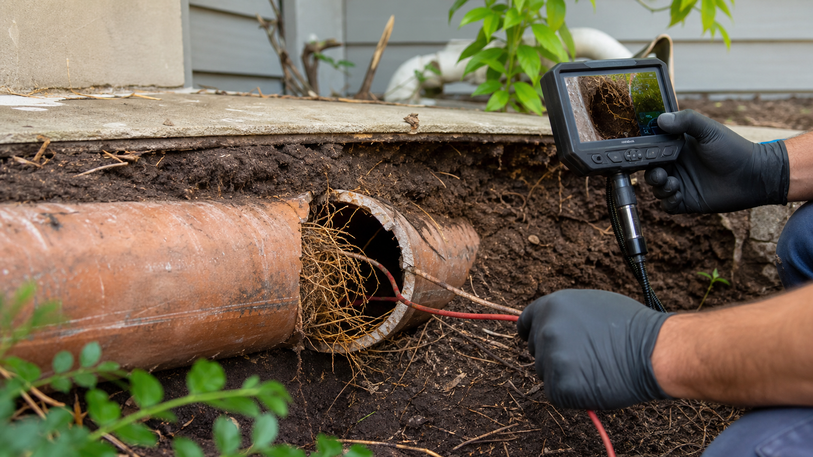 Tree roots entering a cracked residential drain pipe during a plumbing inspection