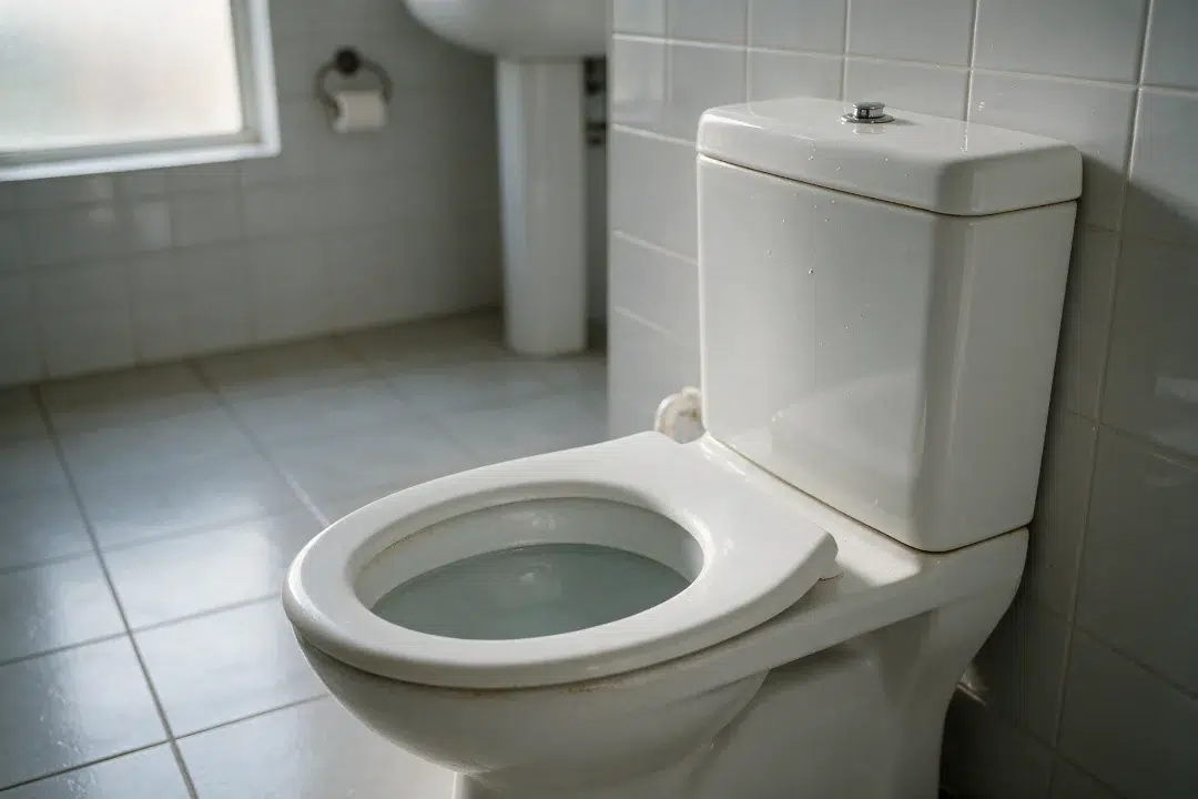 Toilet bowl with water sitting high after a slow flush in a Sydney home